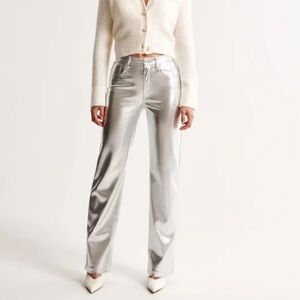 Abercrombie & Fitch Metallic Silver Straight Leg Pants High Waist Faux Leather S